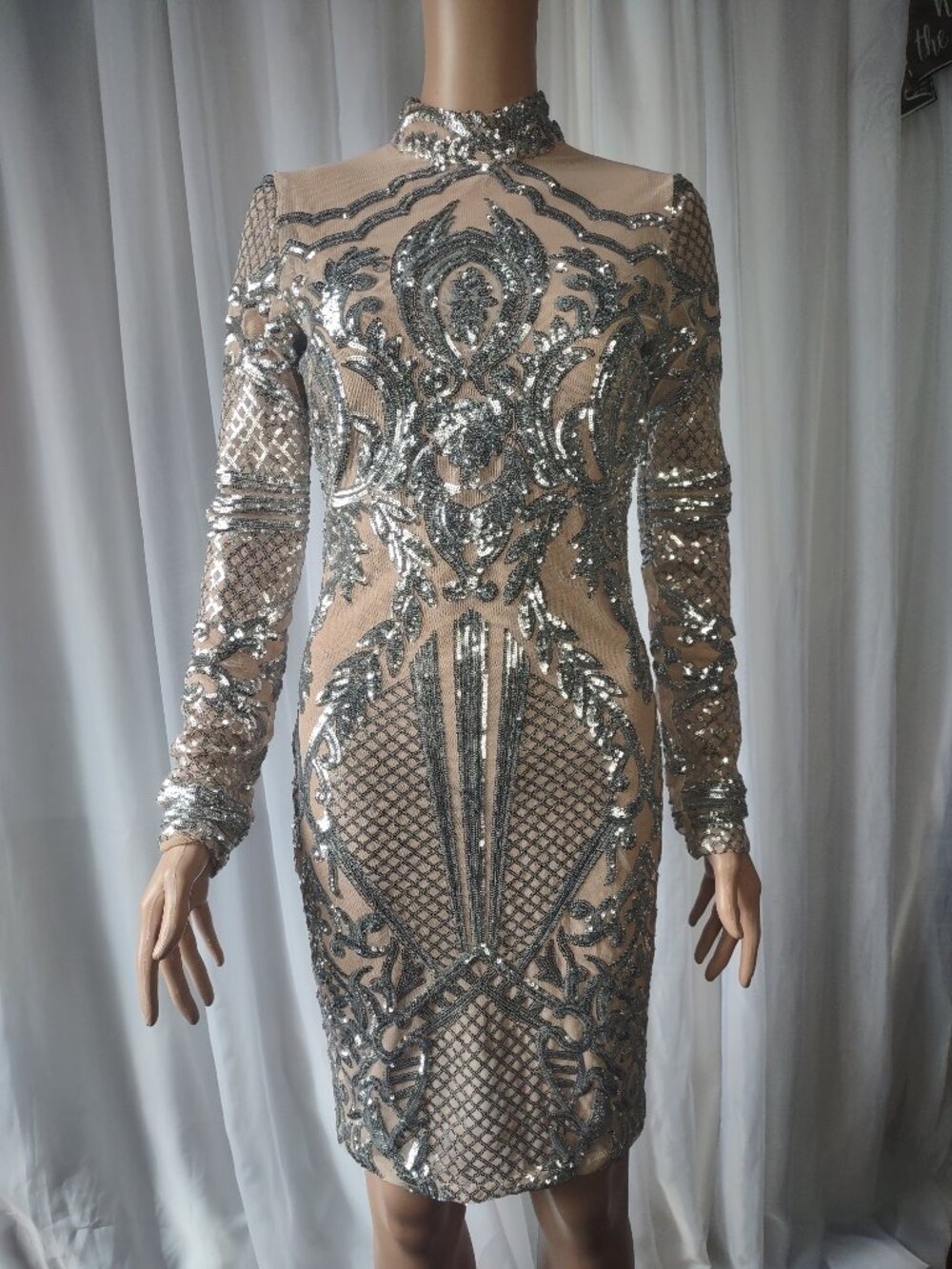 L'Atiste by Amy sheer with silver sequins fitted dress size S